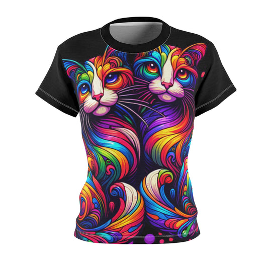 Women's All-Over Print T-Shirt – Soft, Breathable & Stylish Custom Tee, Colorful Cat design, Rainbow Cats design, Twin Cats design