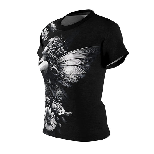 Women's All-Over Print T-Shirt – Soft, Breathable & Stylish Custom Tee, Fairy with flowers design, Fairy and flowers design, Fairy black and white design