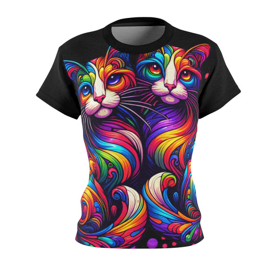 Women's All-Over Print T-Shirt – Soft, Breathable & Stylish Custom Tee, Colorful Cat design, Rainbow Cats design, Twin Cats design