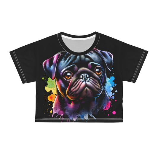 Custom All-Over Print Crop Tee – Trendy, Soft & Breathable (AOP), Colorful Pug Dog Crop Top Tee, Rainbow Pug Dog Crop Top Tee Design