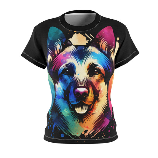 Women's All-Over Print T-Shirt – Soft, Breathable & Stylish Custom Tee, Colorful German Shepperd dog print design, Rainbow German Shepperd Dog print design