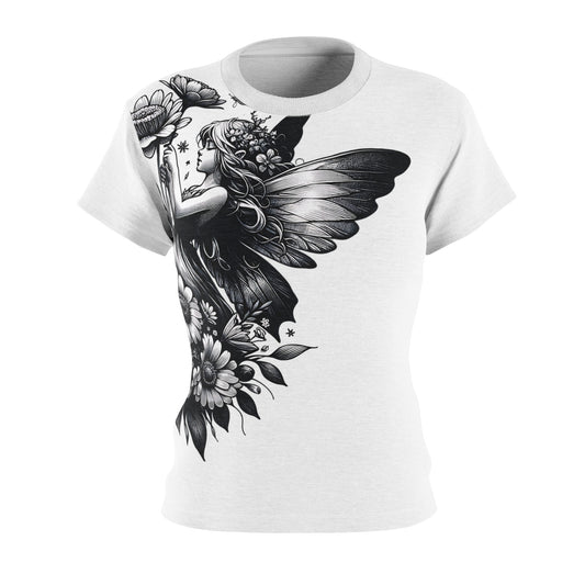 Women's All-Over Print T-Shirt – Soft, Breathable & Stylish Custom Tee, Fairy with flowers Black and white design