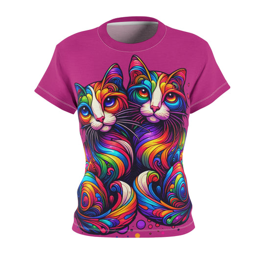 Women's All-Over Print T-Shirt – Soft, Breathable & Stylish Custom Tee, Colorful Cat design print, Rainbow Cat Design Print, Twin Cats design