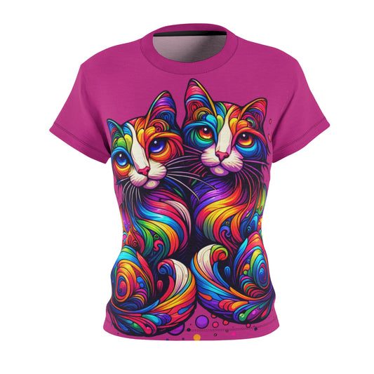 Women's All-Over Print T-Shirt – Soft, Breathable & Stylish Custom Tee, Colorful Cat design print, Rainbow Cat Design Print, Twin Cats design