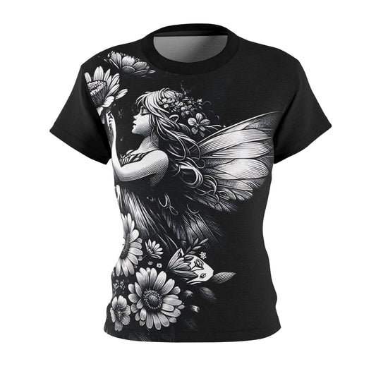 Women's All-Over Print T-Shirt – Soft, Breathable & Stylish Custom Tee, Fairy with flowers design, Fairy and flowers design, Fairy black and white design